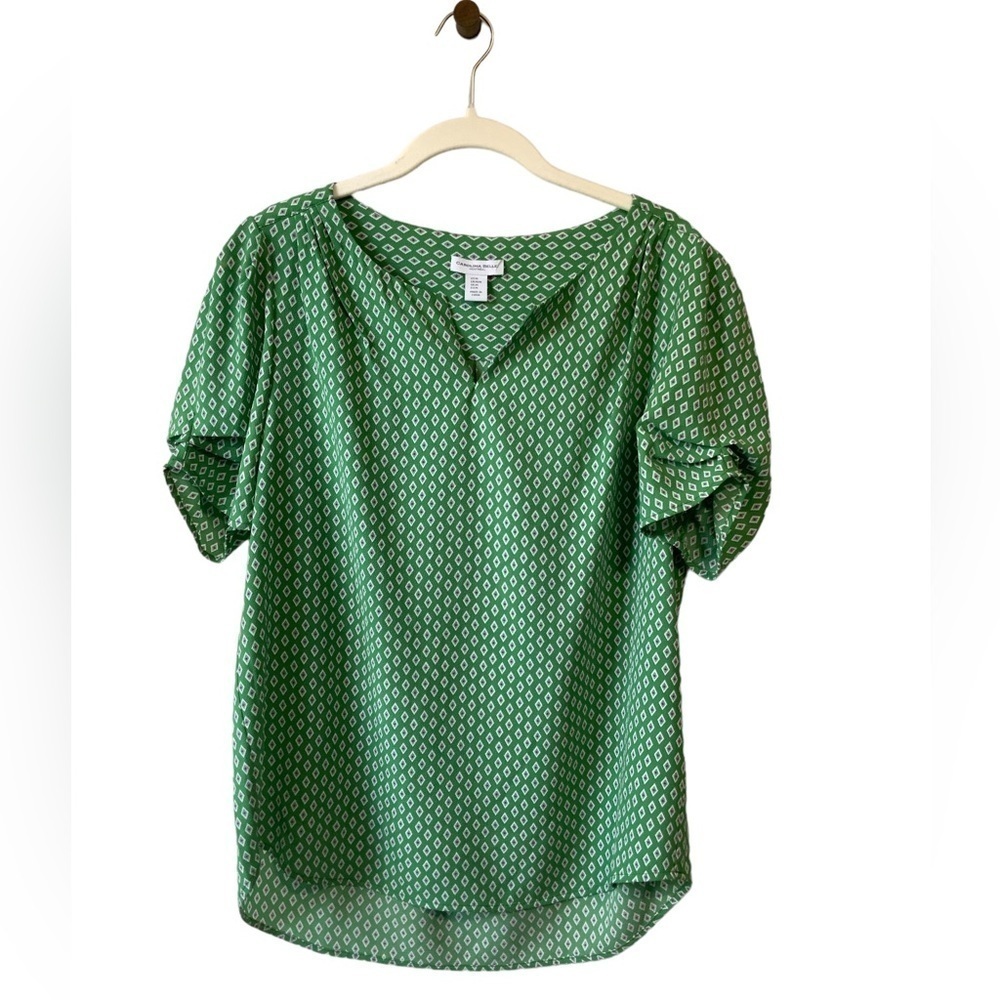 Carolina Belle‎ Green White Blouse Side Ruched Puff Sleeves Top - Medium